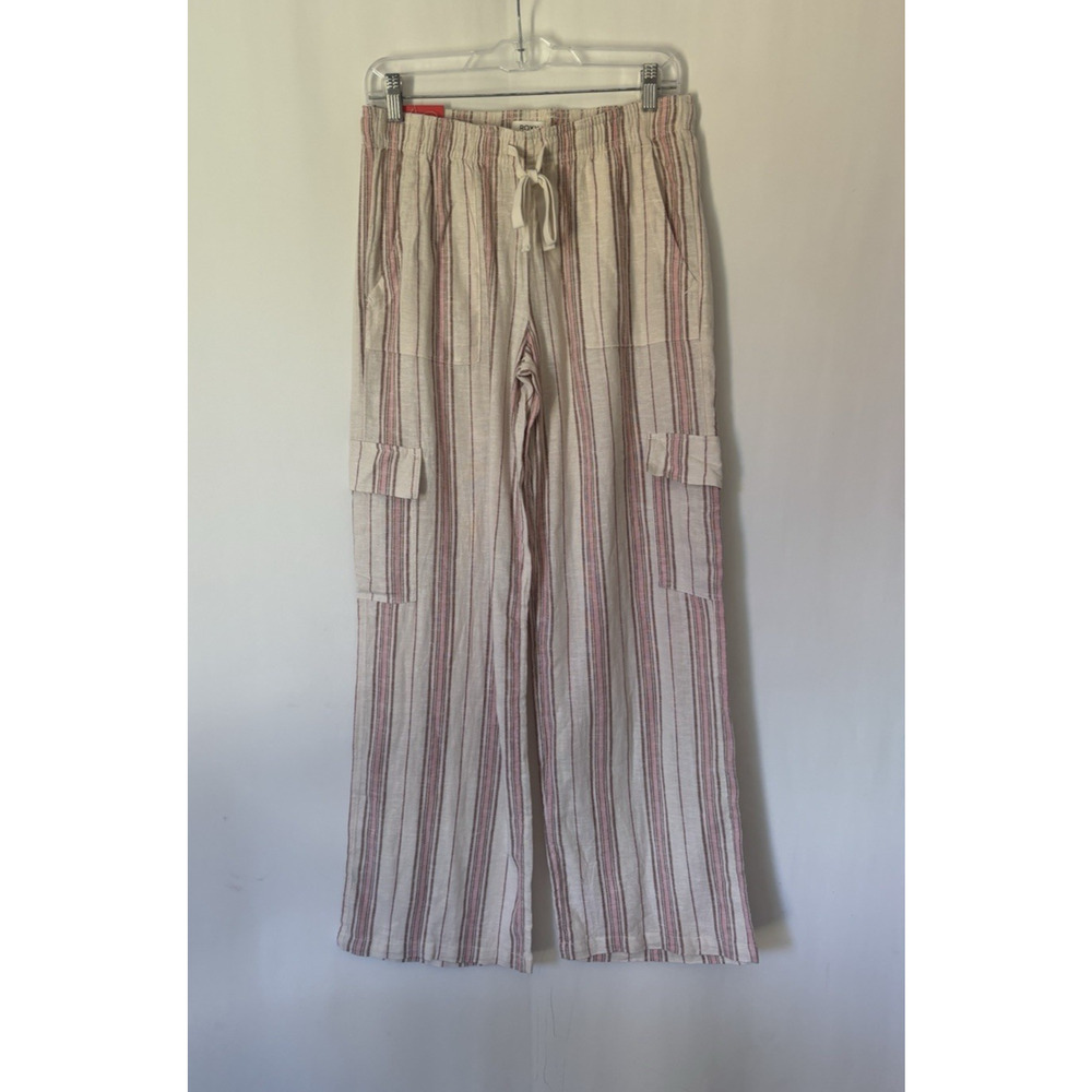 ROXY Trousers Pants Medium Womens Linen Blend Striped Wide Leg New